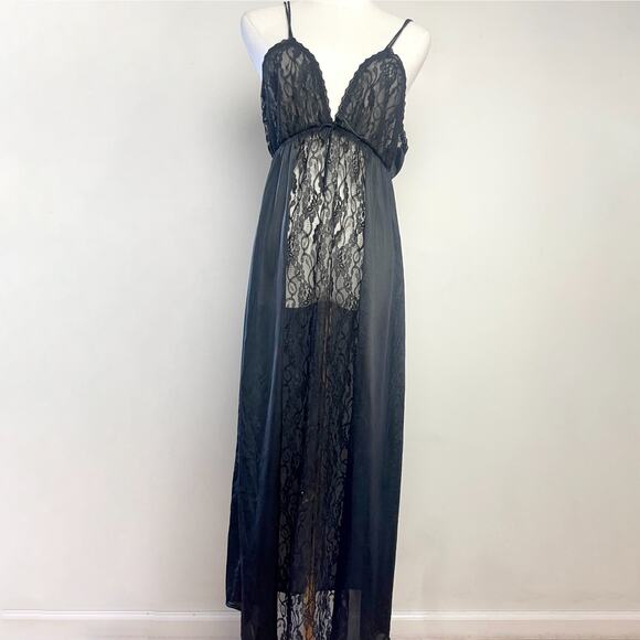 Vintage 80s Sheer Black Lace Romantic Dark Coquette Gothic Slip Dress Nightgown - Picture 1 of 11